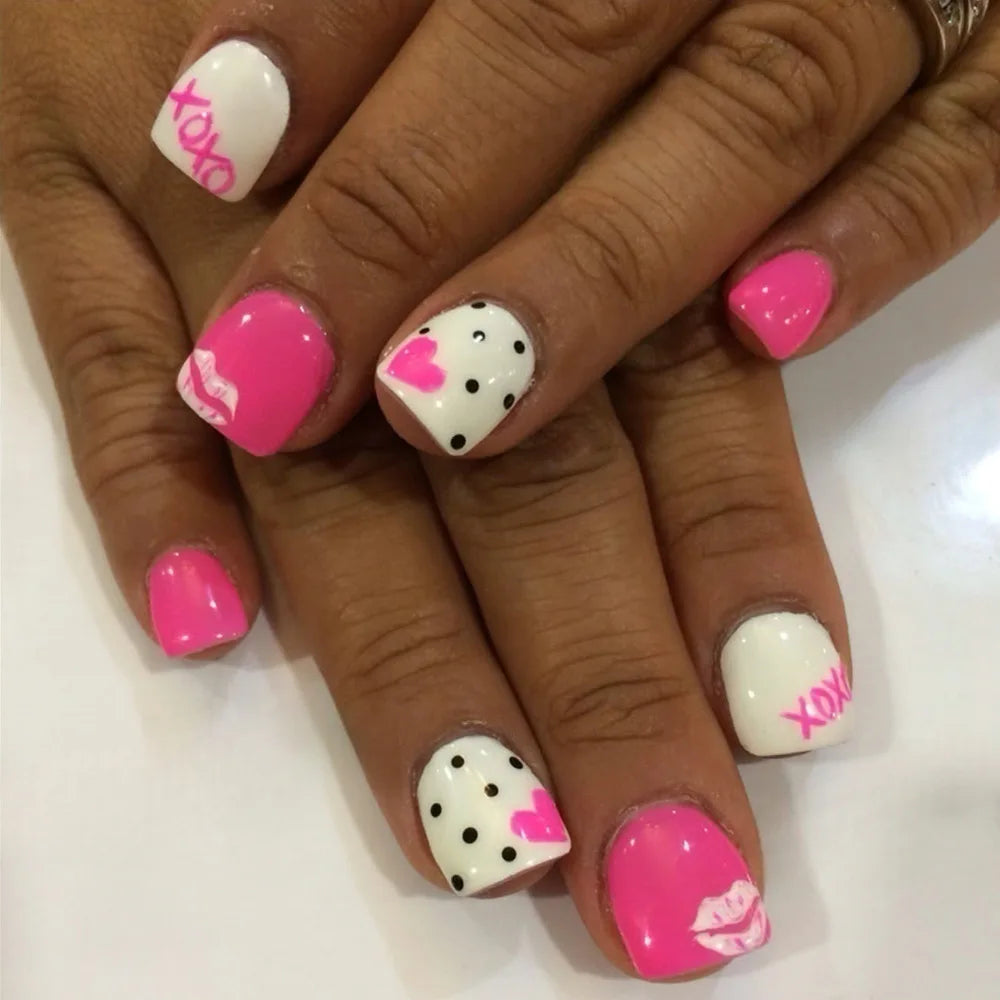 Y2K Girls Black French Press On Nails Pink Love Heart/Dot