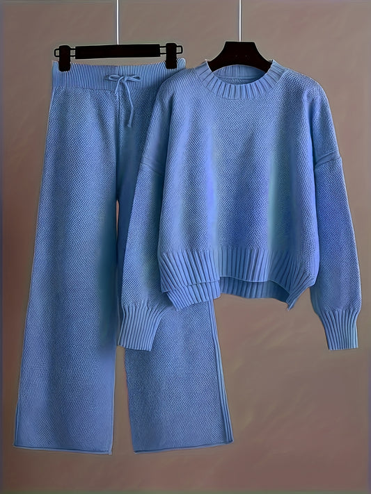 2pcs Women's Soft Casual Elegant Round Neck Sweater & Wide-Leg Pants Set