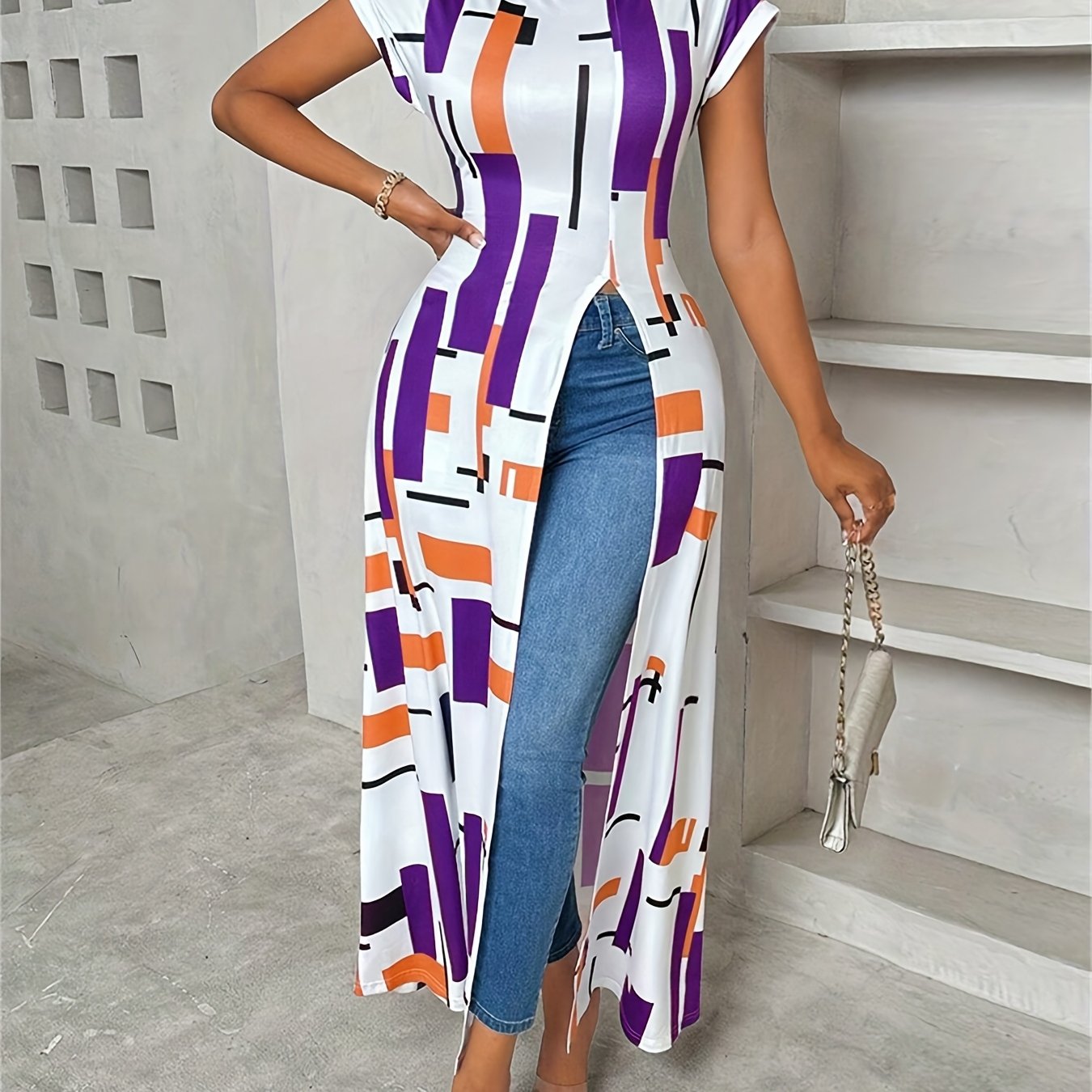Women's Casual Patchwork Print Maxi Dress with Side Slit