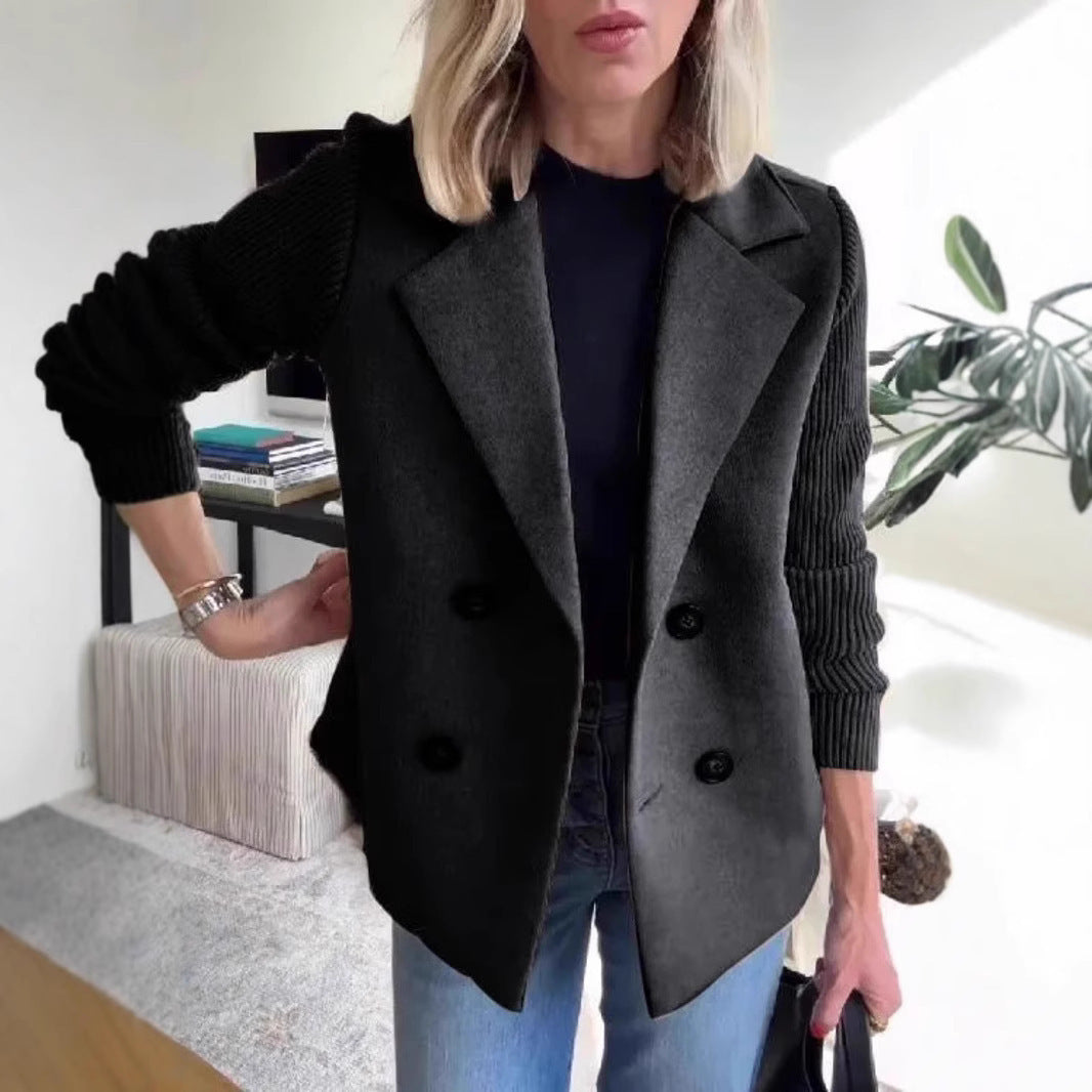 Women's Double Breasted Knitted Sleeves Lapel Jacket