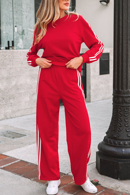 2pcs Fiery Red Varsity Striped Detail Crewneck Pullover Elastic Sweatpants
