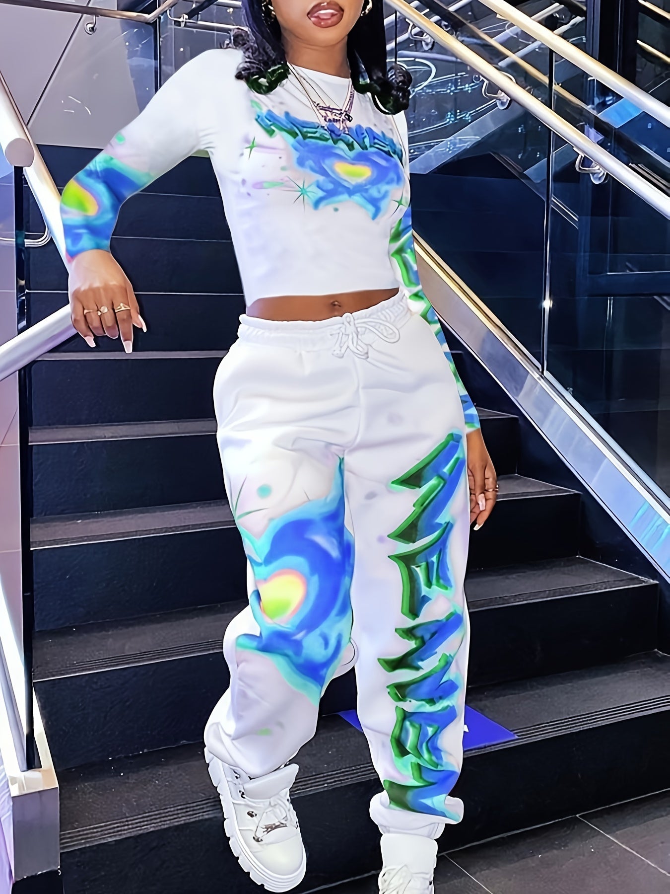 Women's Heart and Letter Print Long Sleeve Top and Waist Pants Set with Pockets