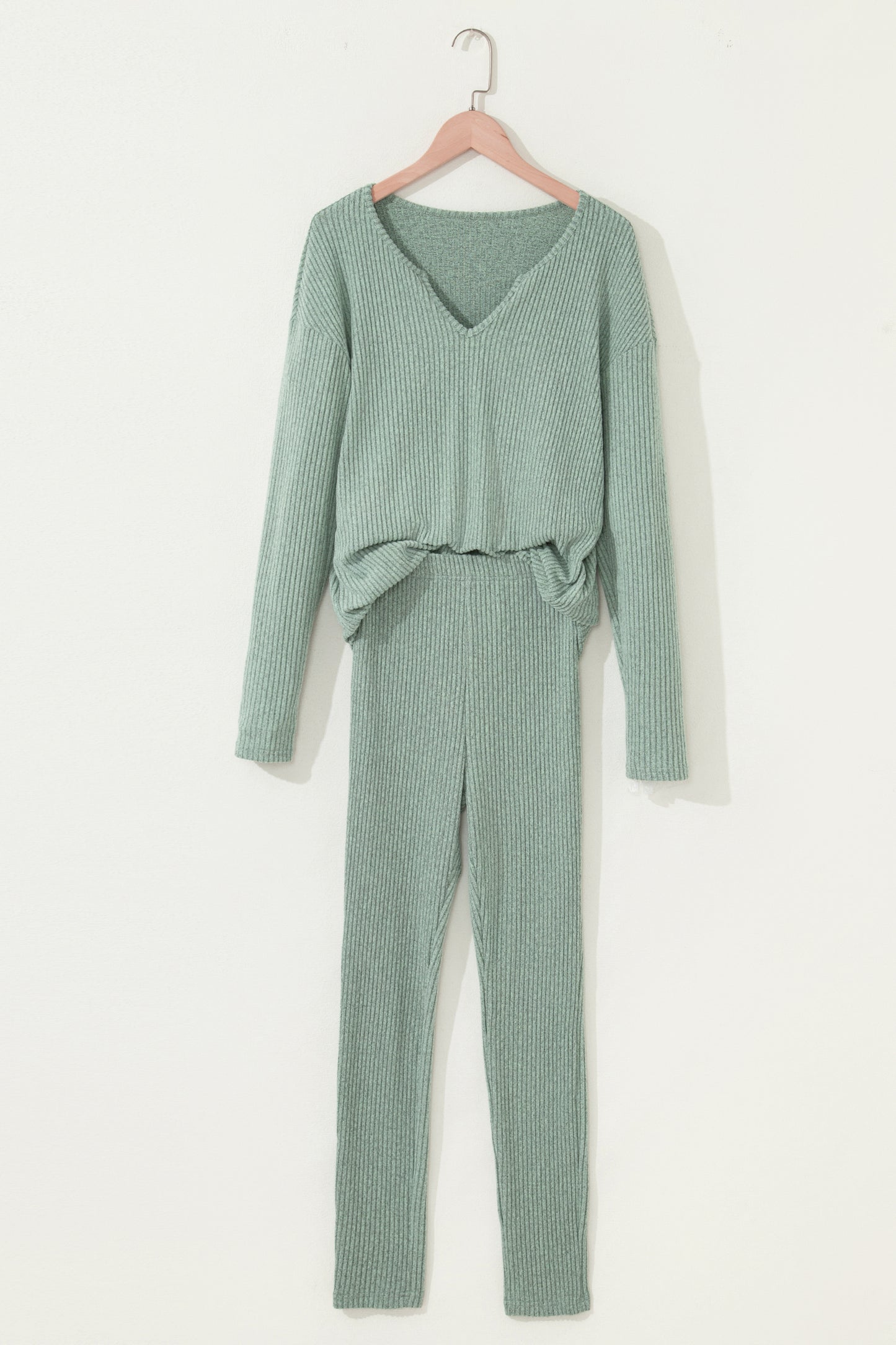 2pcs Grass Green Ribbed Notched Neck Knit Long Sleeve Leggings Lounge Set