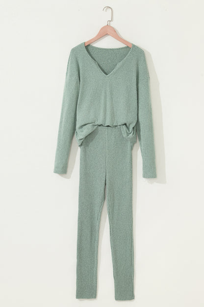 2pcs Grass Green Ribbed Notched Neck Knit Long Sleeve Leggings Lounge Set