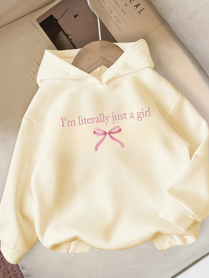 Girls' Autumn/Winter Hooded Sweatshirt  with "I'm Literally Just a Girl" Print & Pink Bow