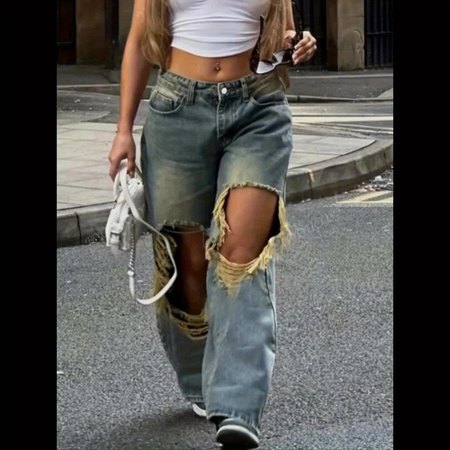 Women's Street Style High-Waisted Ripped Jeans Jeans