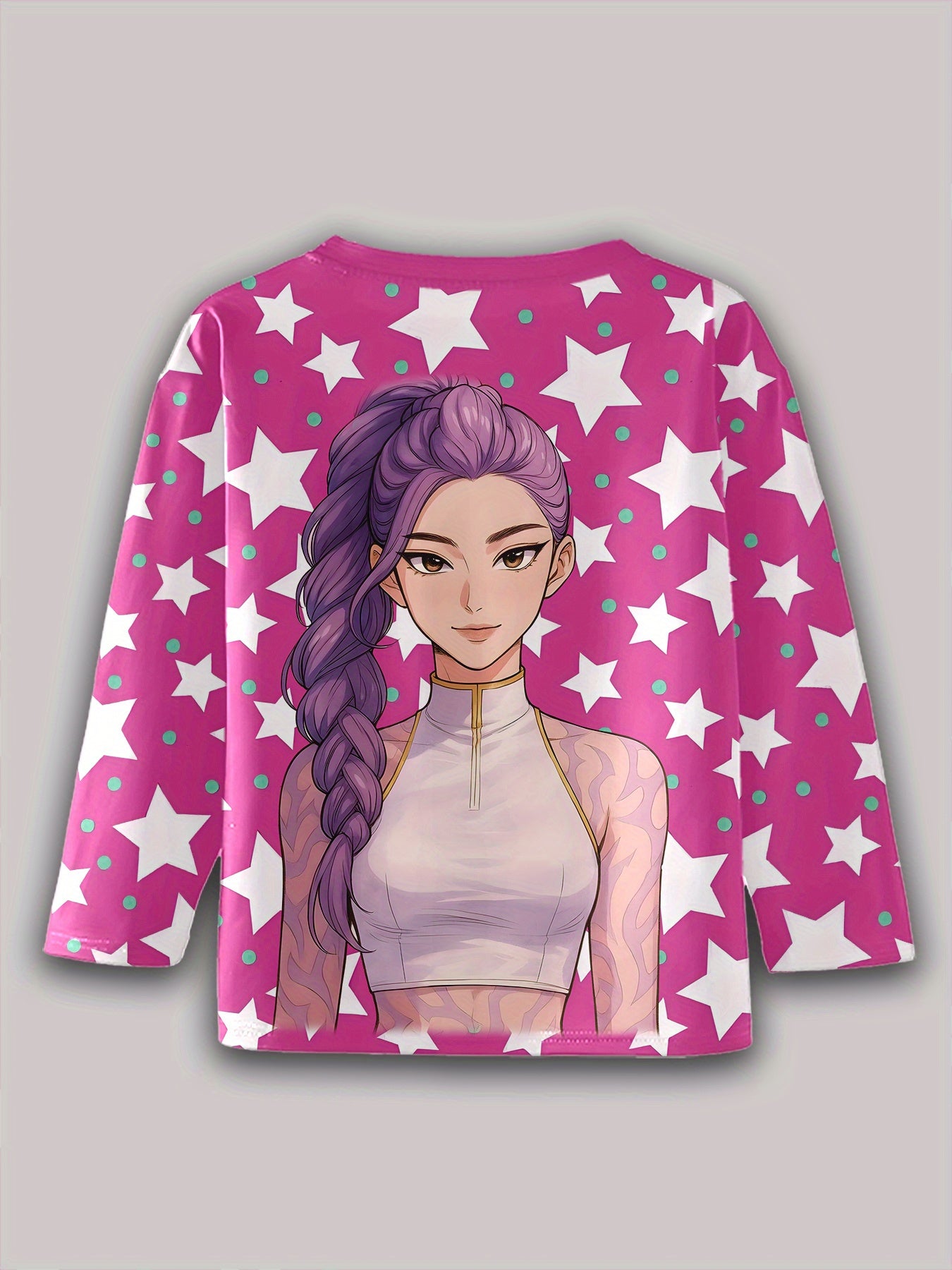 Girls' Purple Braided Hair & Star Print Long Sleeve T-Shirt