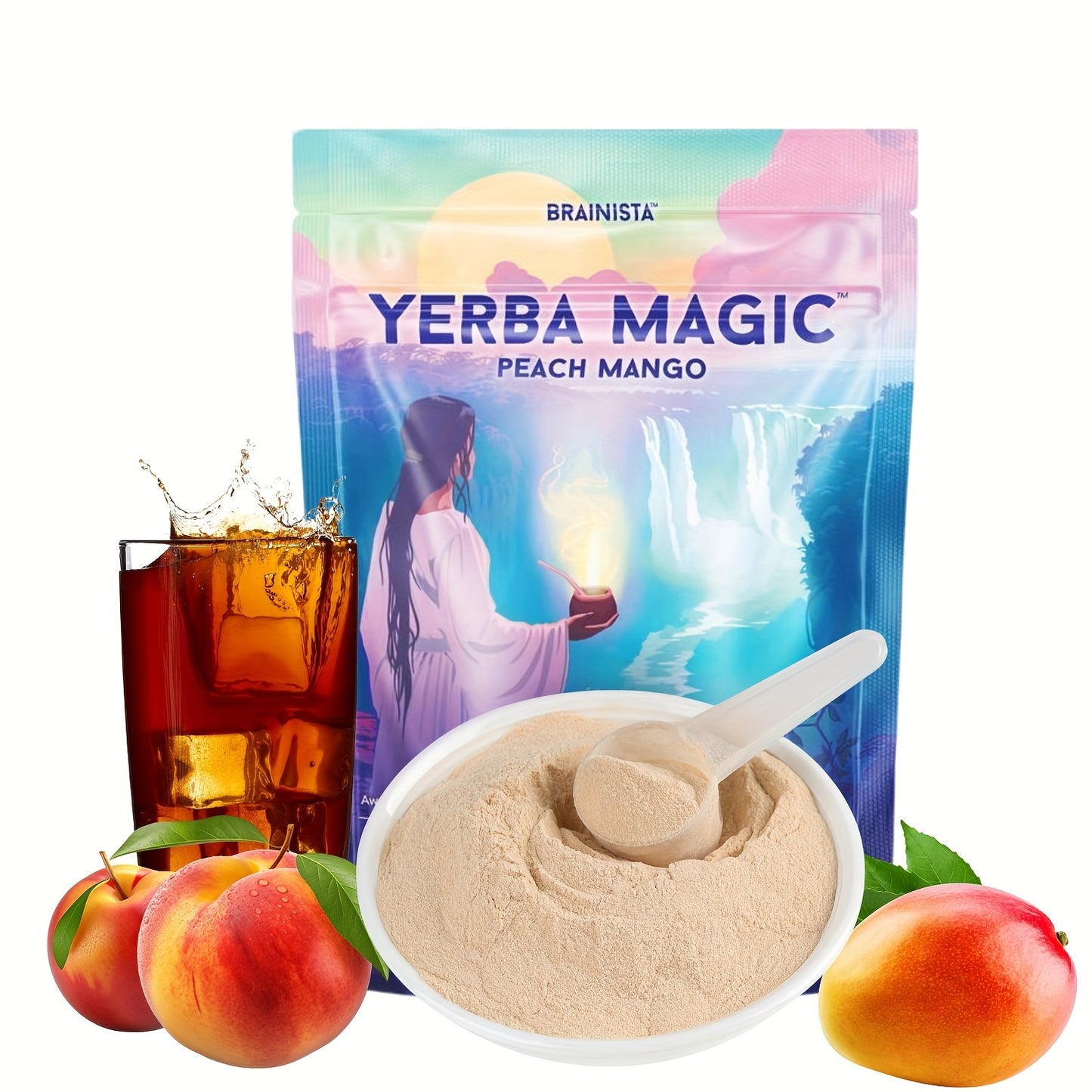 Yerba Magic Peach Mango 3-in-1 Yerba Mate Instant Tea Powder - Clean Energy, Brain Fog Buster - Gut Health Support with Nootropics, Prebiotics & Probiotics