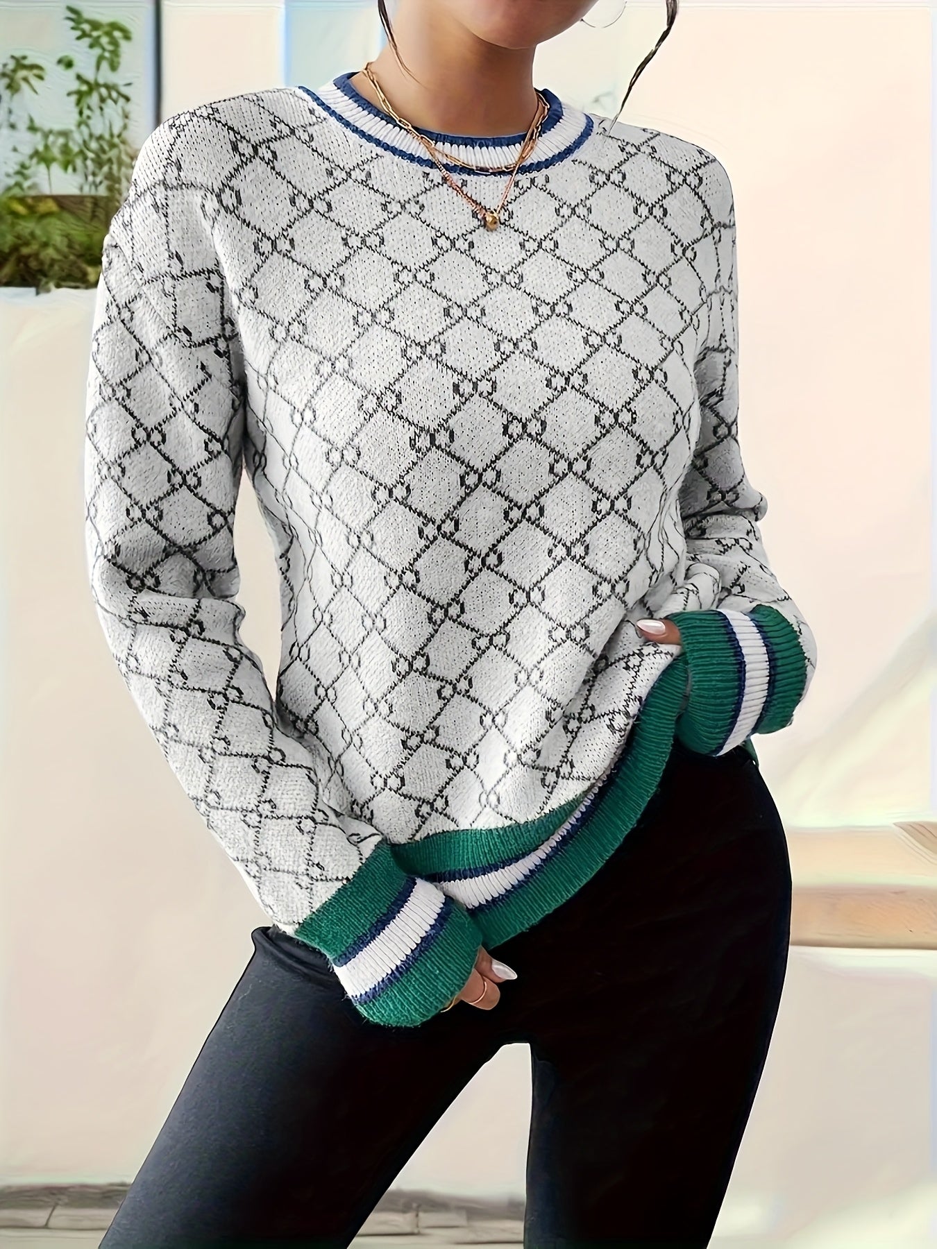 Women's Pink Elegant Geometric Sweater