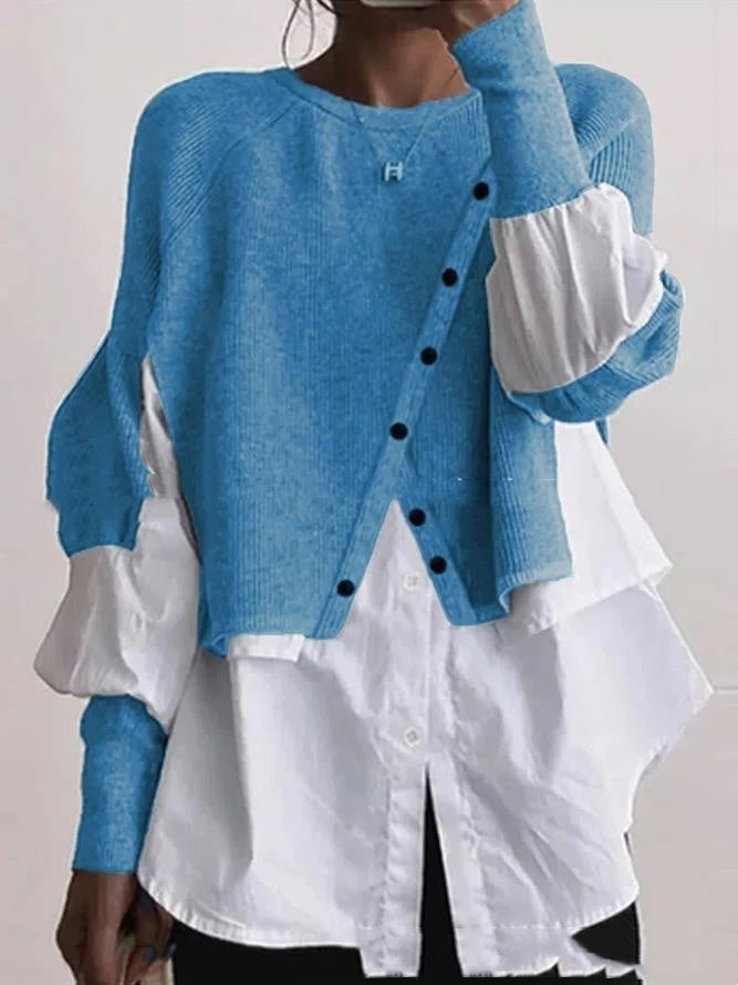 Women's Crew Neck Long Sleeve Knitted Multi-color Patchwork Shirt