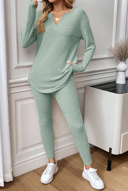 2pcs Grass Green Ribbed Notched Neck Knit Long Sleeve Leggings Lounge Set