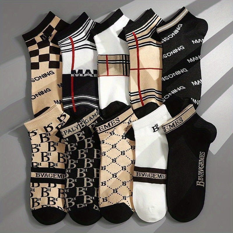 Men's Breathable Quick-Drying Light Luxury Sports Low-Top Socks - Sweat-Absorbing, 3D Tailoring & Deodorizing Design, Geometric Patterns in Black, Beige, Navy Blue, White | Polyester Spandex Blend | Ideal