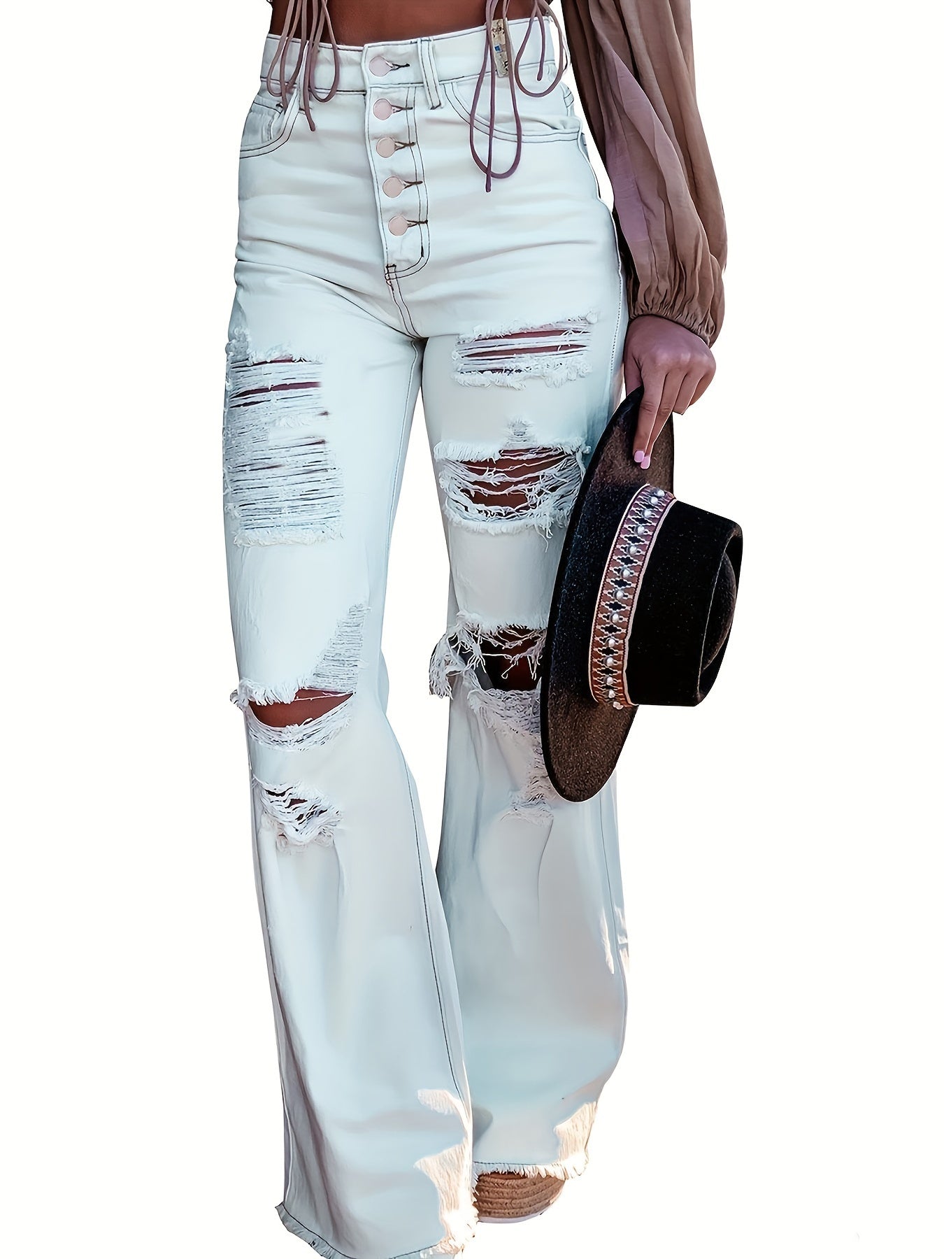 Women's Sexy Ripped Flare Jeans with Single Breasted Button Closure