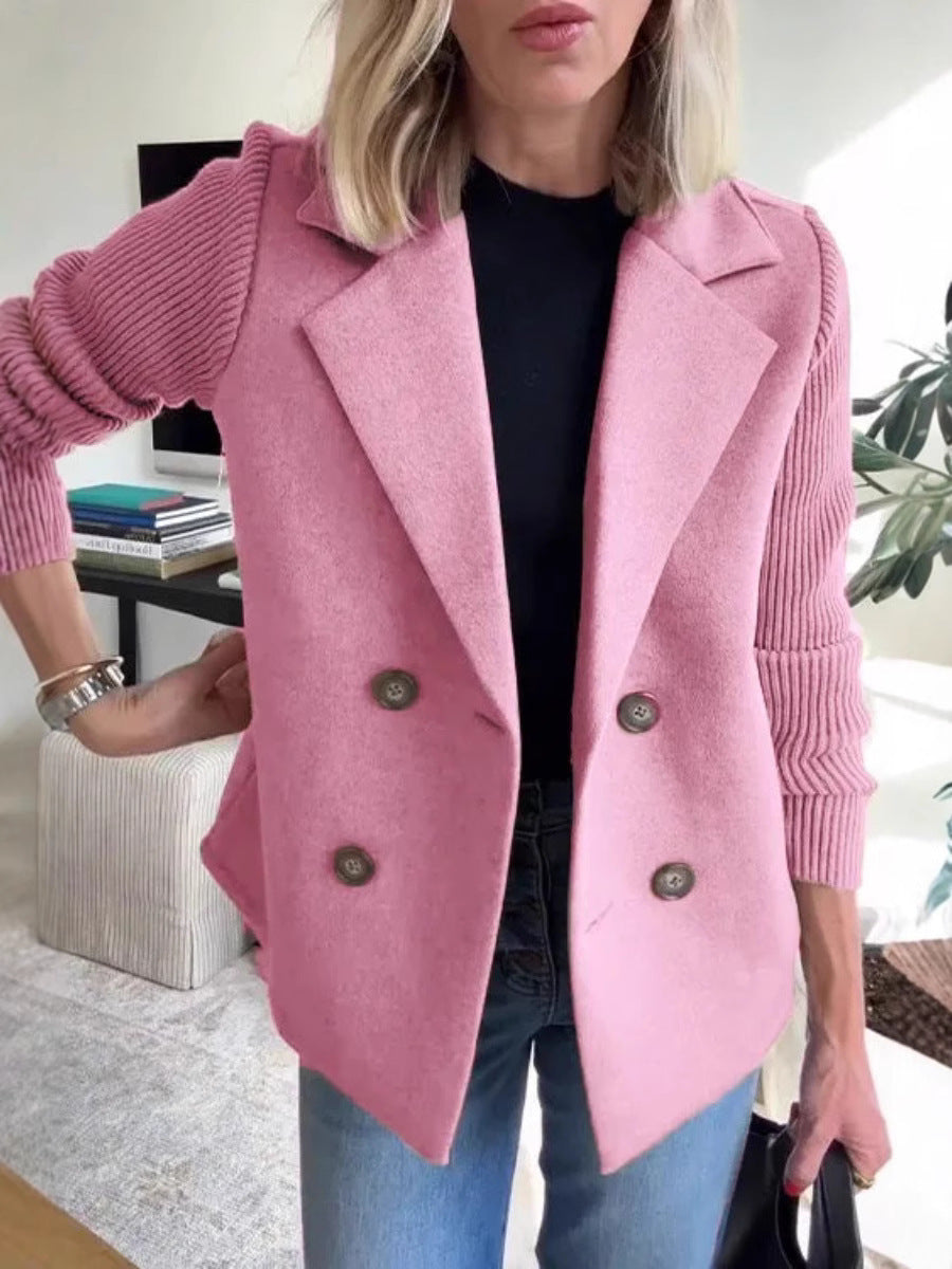Women's Double Breasted Knitted Sleeves Lapel Jacket