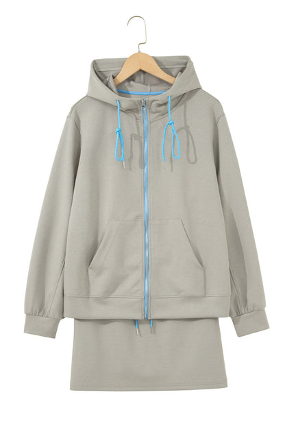 Ensemble 2 pièces jupe-short mini à cordon, veste zippée sport vert fumée à bord contrastant
