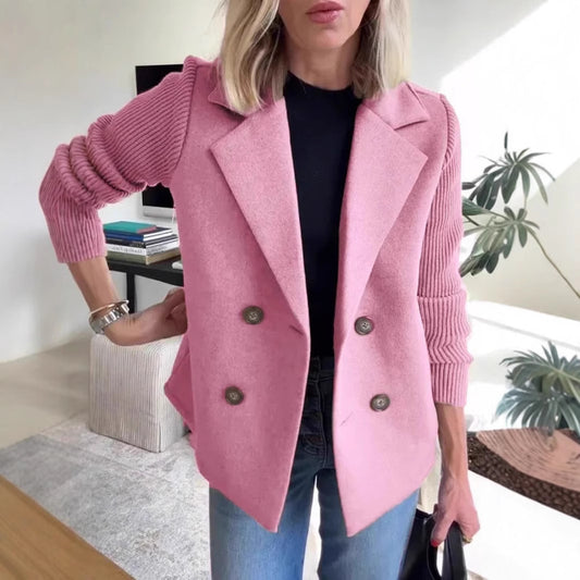 Women's Double Breasted Knitted Sleeves Lapel Jacket