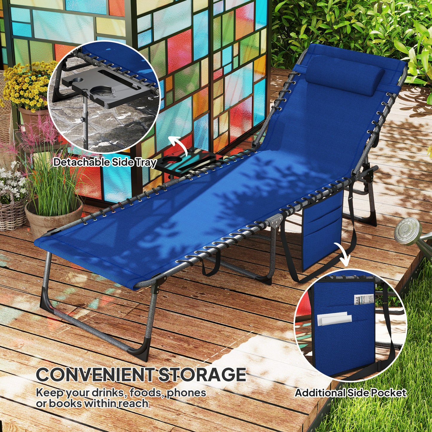 Outdoor Telescopic Folding Chair With 5-Level Adjustable Back, Side Table, Pillow, Pocket, Dark Blue