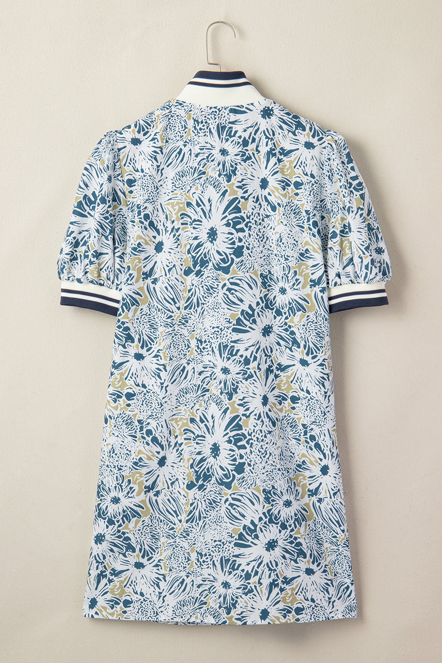 Blue Floral Print Striped Webbing Patchwork Collar Short Sleeve Mini Dress