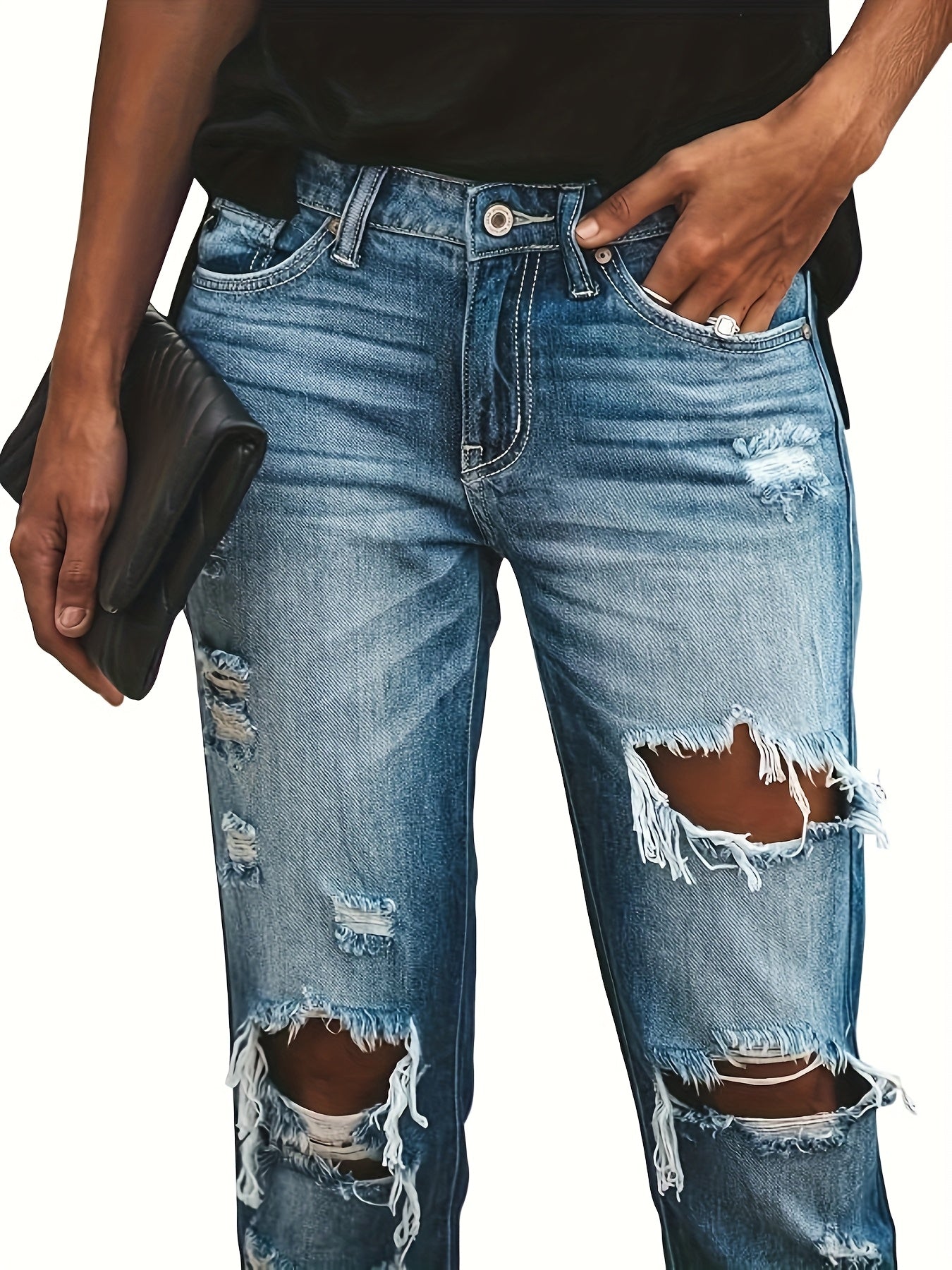 Fashion Retro Ripped Stretch Street Cuffed Jeans