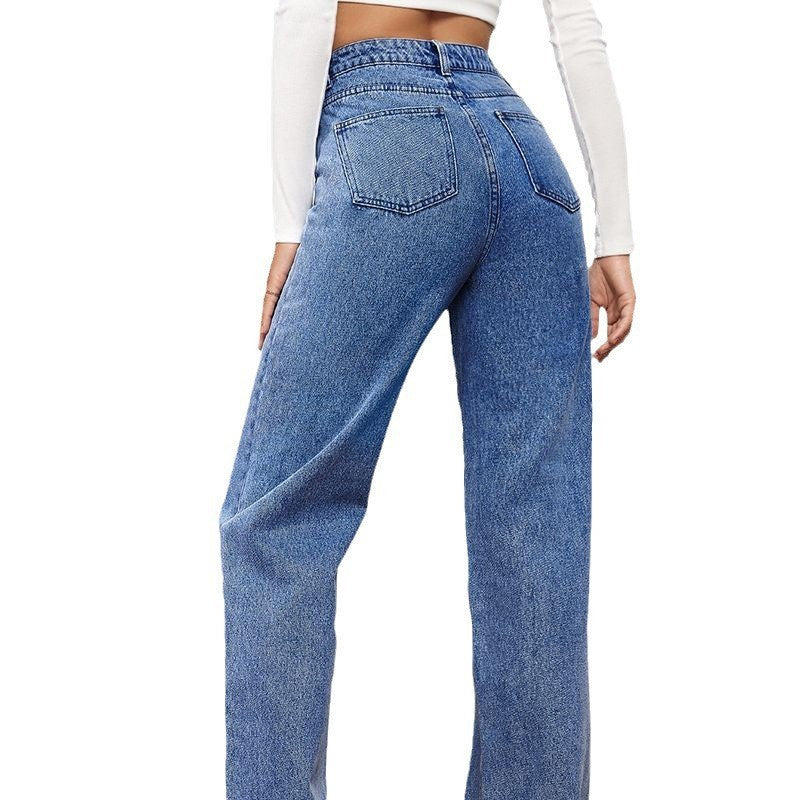 Women's Mid Waist Washed Straight Jeans