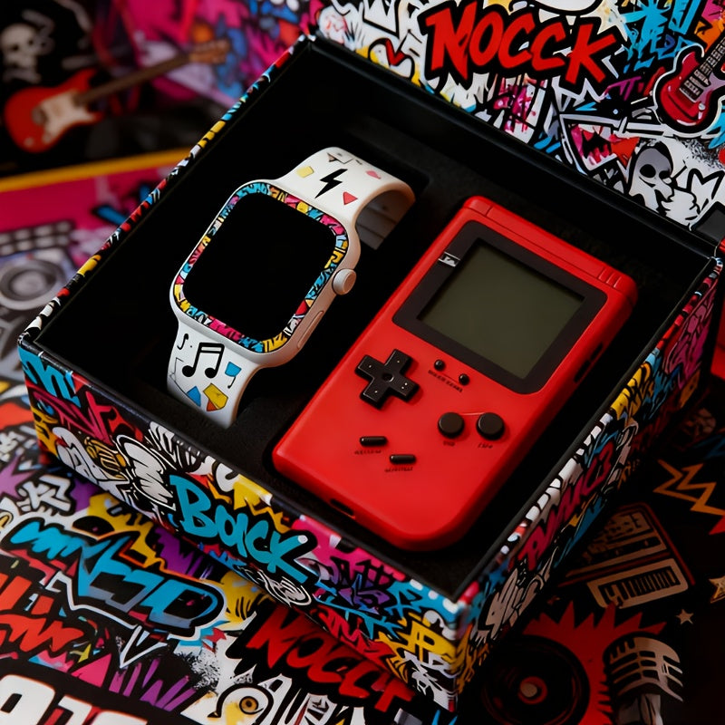 2pcs Graffiti Portable Handheld Game Console+1PC Watch