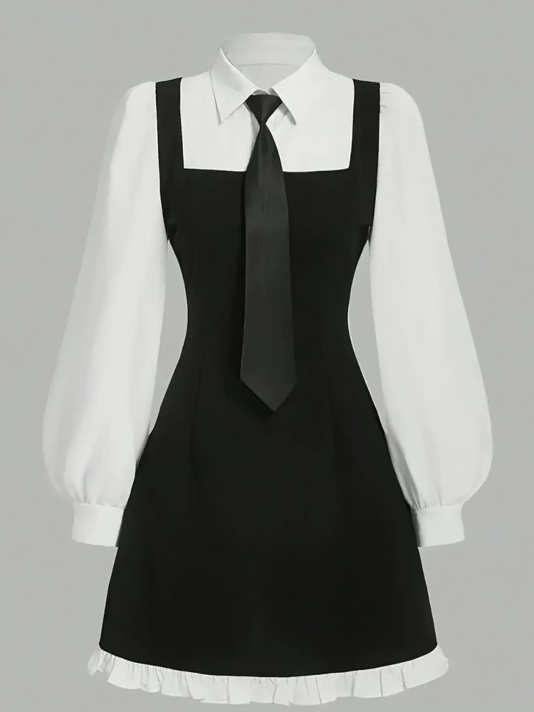 Women's Elegant Long Sleeve A-Line Dress with Contrast Trim & Tie-Waist