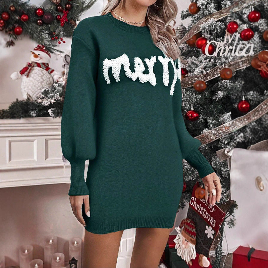 Women's Merry Graphic Sequin Sleeve Turtleneck Sweater Dress