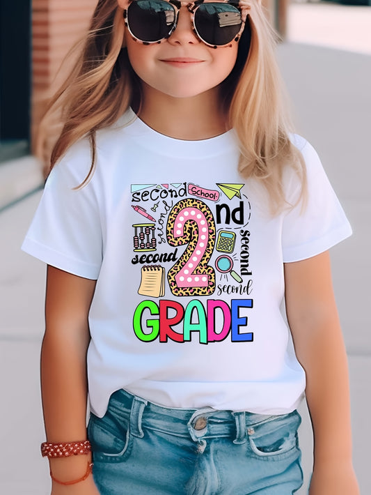 A Cute "Second Grade" Graphic Cotton T-Shirt Girl