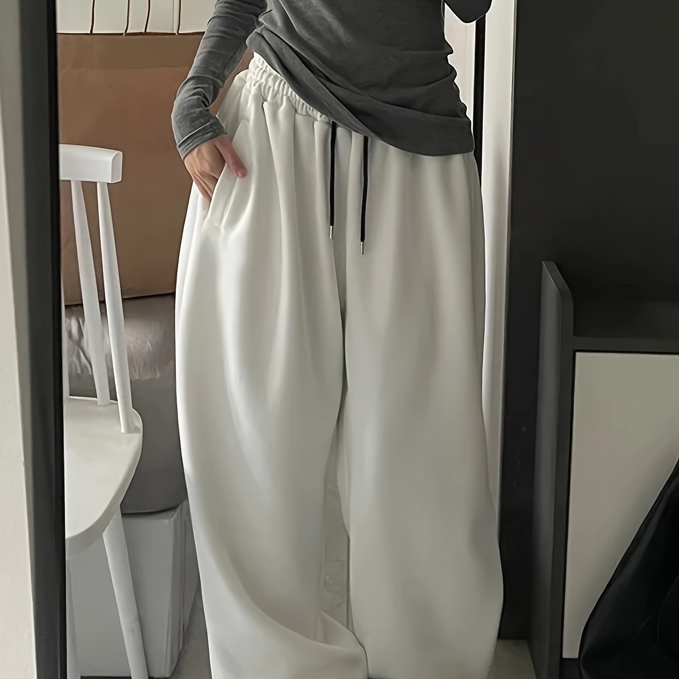 Women's Y2K High-Waisted Wide-Leg Gray Polyester Sweatpants