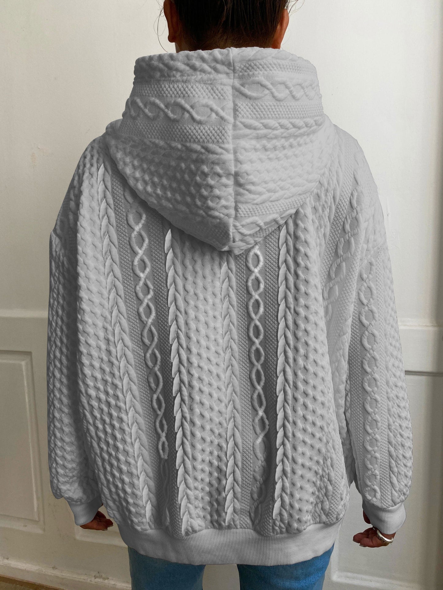 Plus Size Women's Solid Ribbed Long Sleeve Hoodie - Slight Stretch Drawstring Sweatshirt