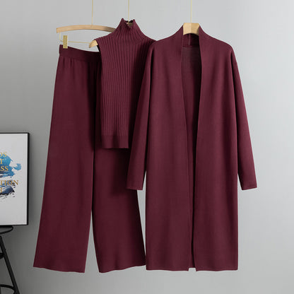 3pcs Women's Sleeveless Vest Sweater Long Cardigan And Wide-leg Pants Set