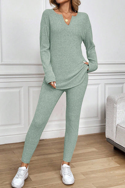 2pcs Grass Green Ribbed Notched Neck Knit Long Sleeve Leggings Lounge Set