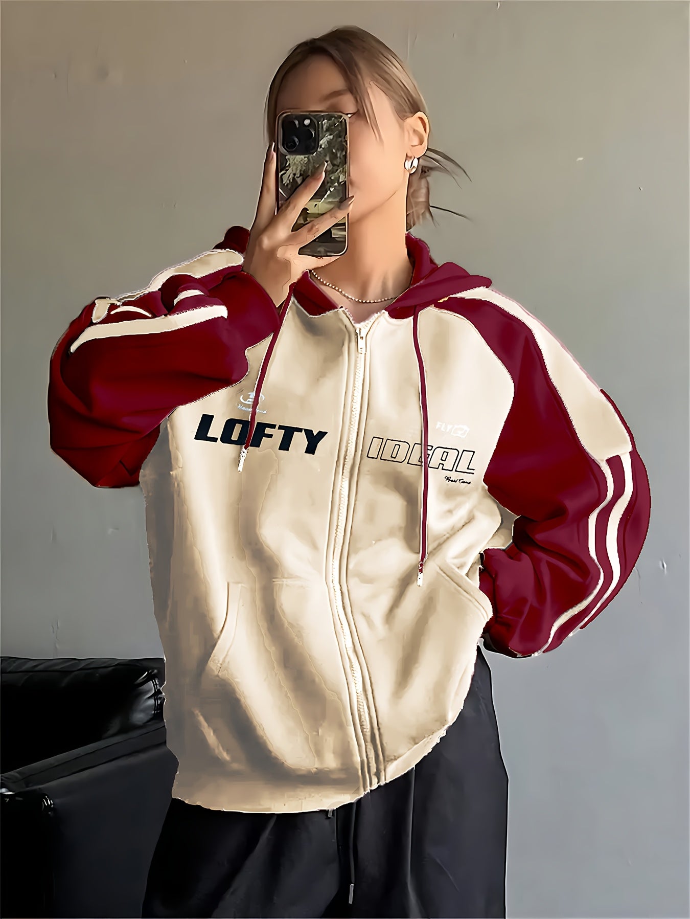 Women's Y2K Color Block Hoodie with "Wealth" Letter Print