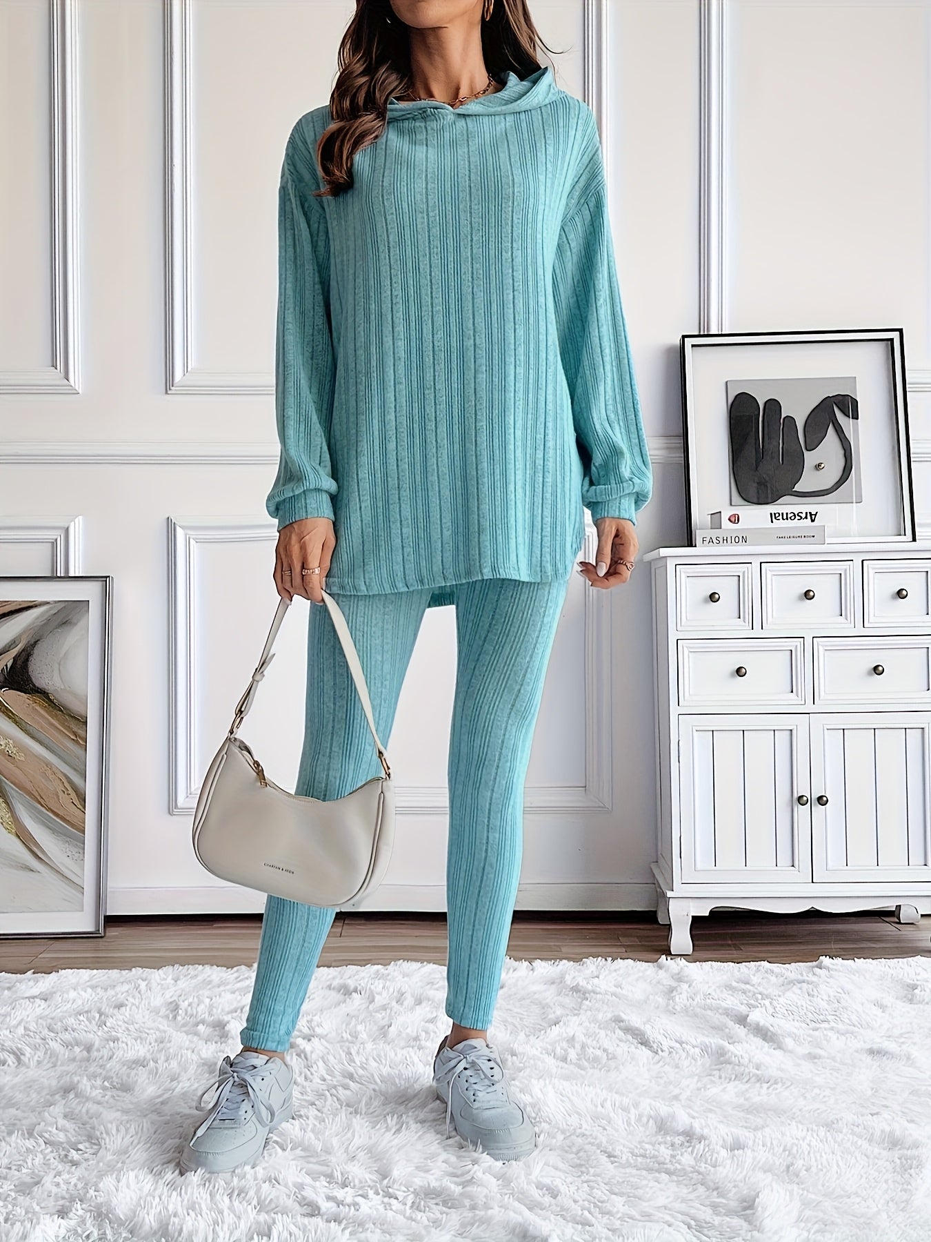 Elegant And Fashionable Lake Blue Women's Hooded Top And Long Pants Set