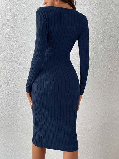 Solid Color Ribbed Knit Bodycon Dress with a French Square Neckline