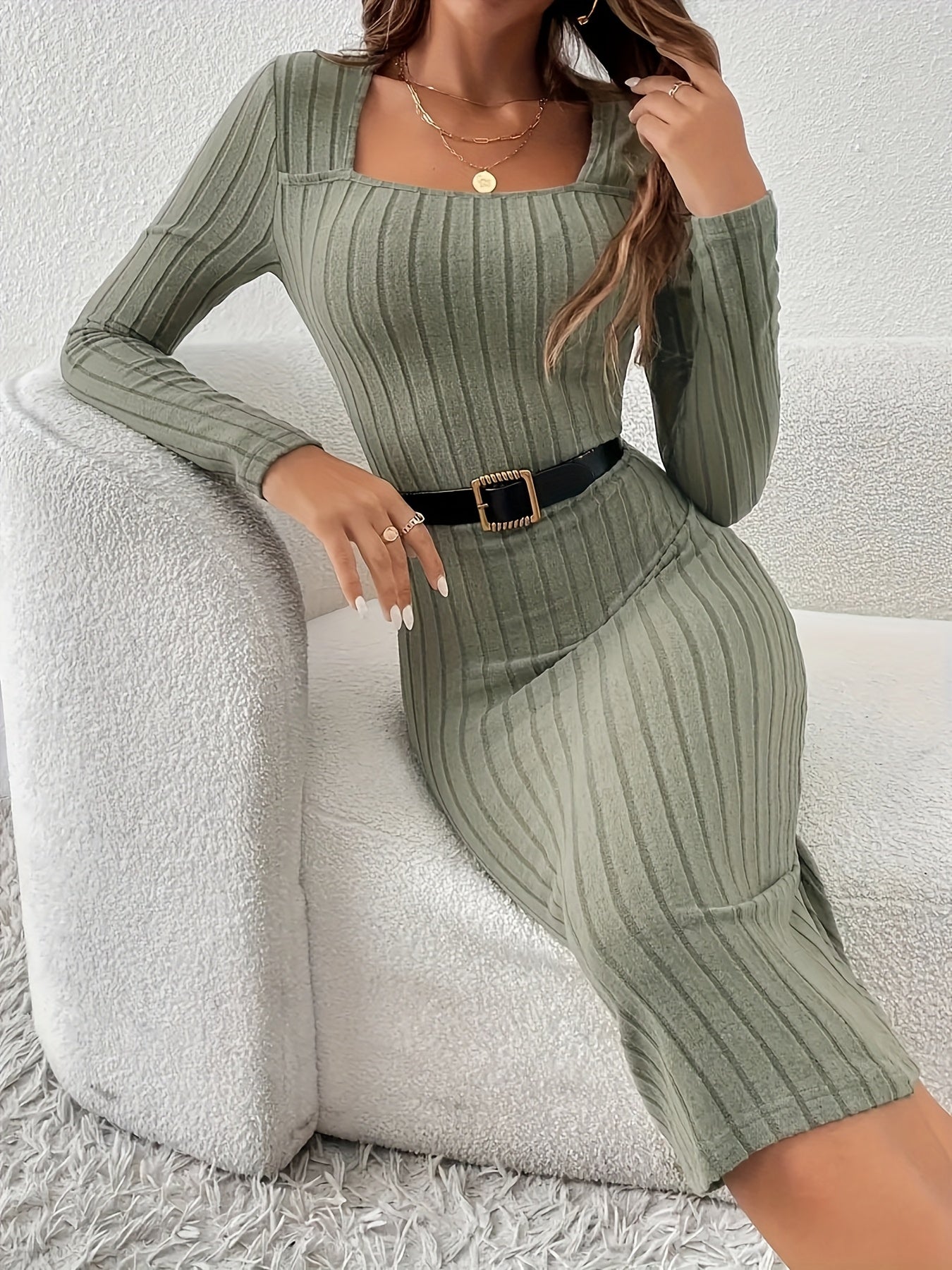 Solid Color Ribbed Knit Bodycon Dress with a French Square Neckline