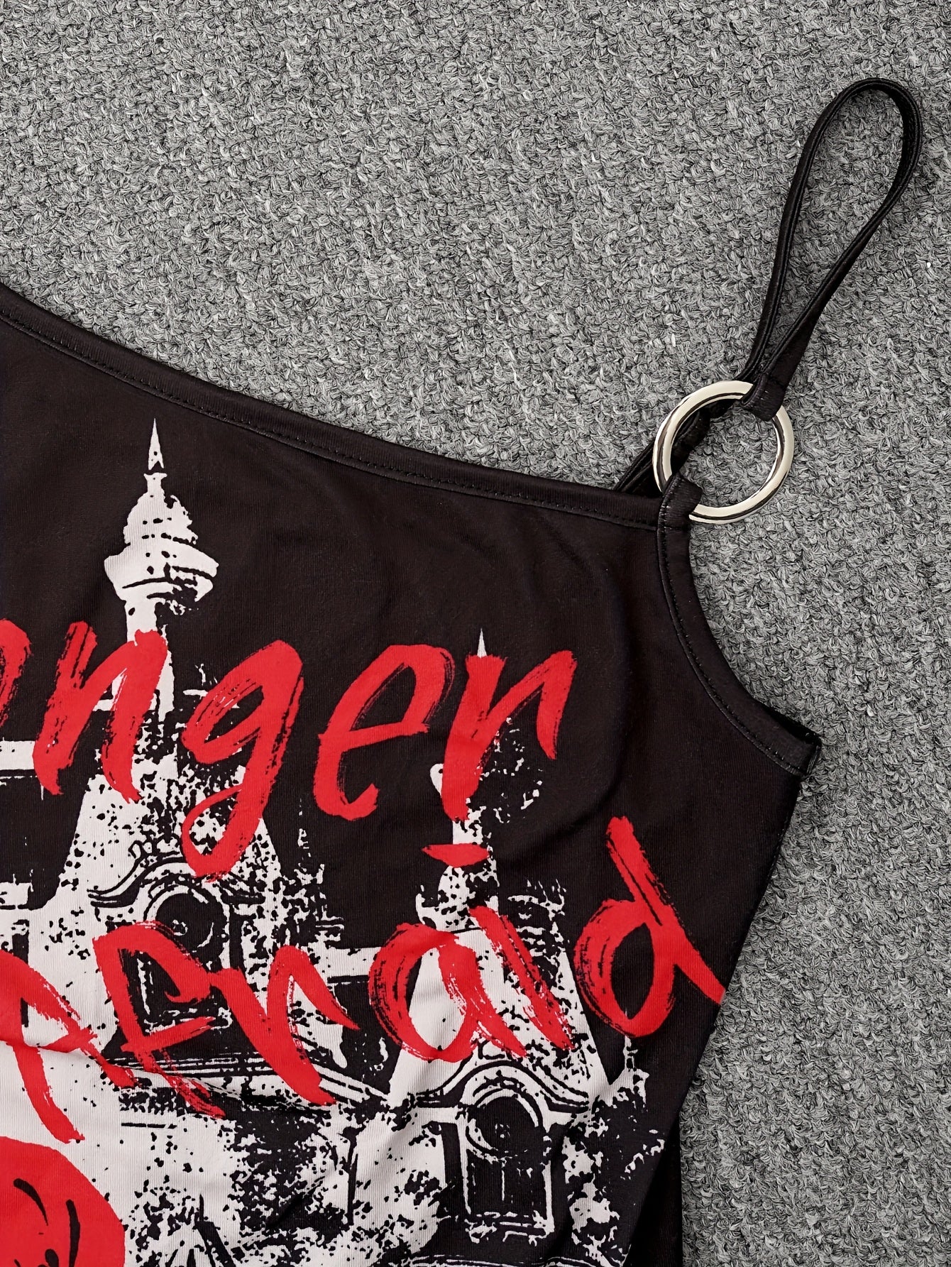 Y2K-Inspired Off-Shoulder Bold Dragon Print, Red & Black Shirt