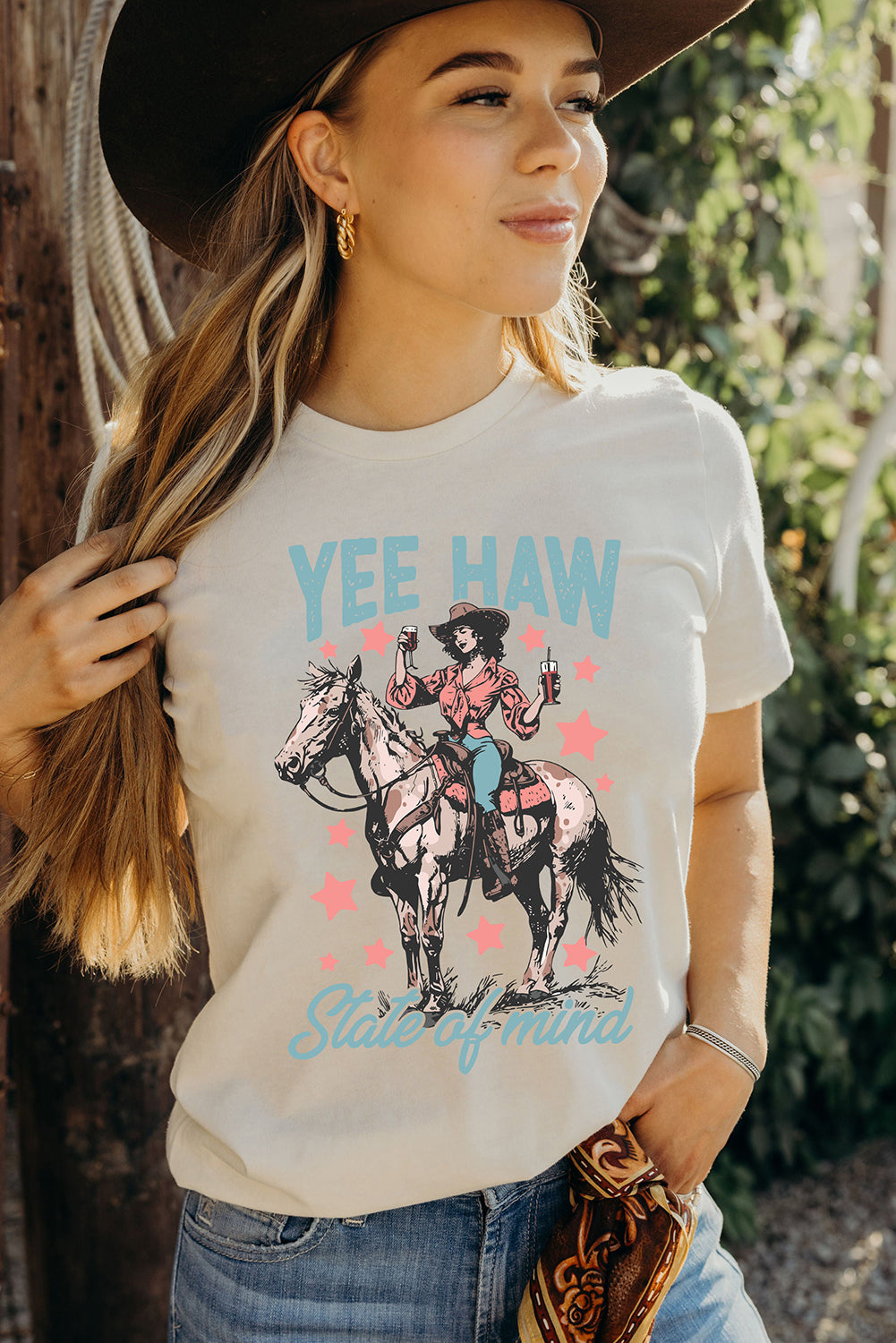 White YEE HAW State of Mind Cowgirl Graphic Western Fashion Tee