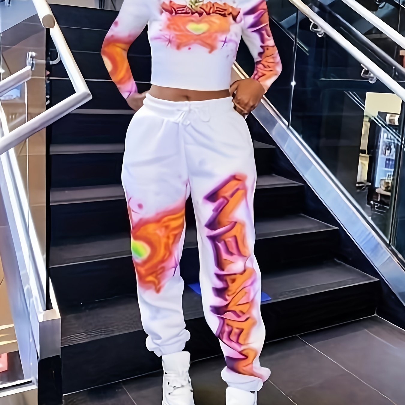 Women's Heart and Letter Print Long Sleeve Top and Waist Pants Set with Pockets