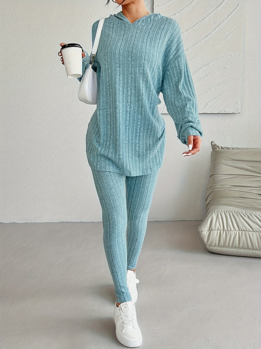 Elegant And Fashionable Lake Blue Women's Hooded Top And Long Pants Set