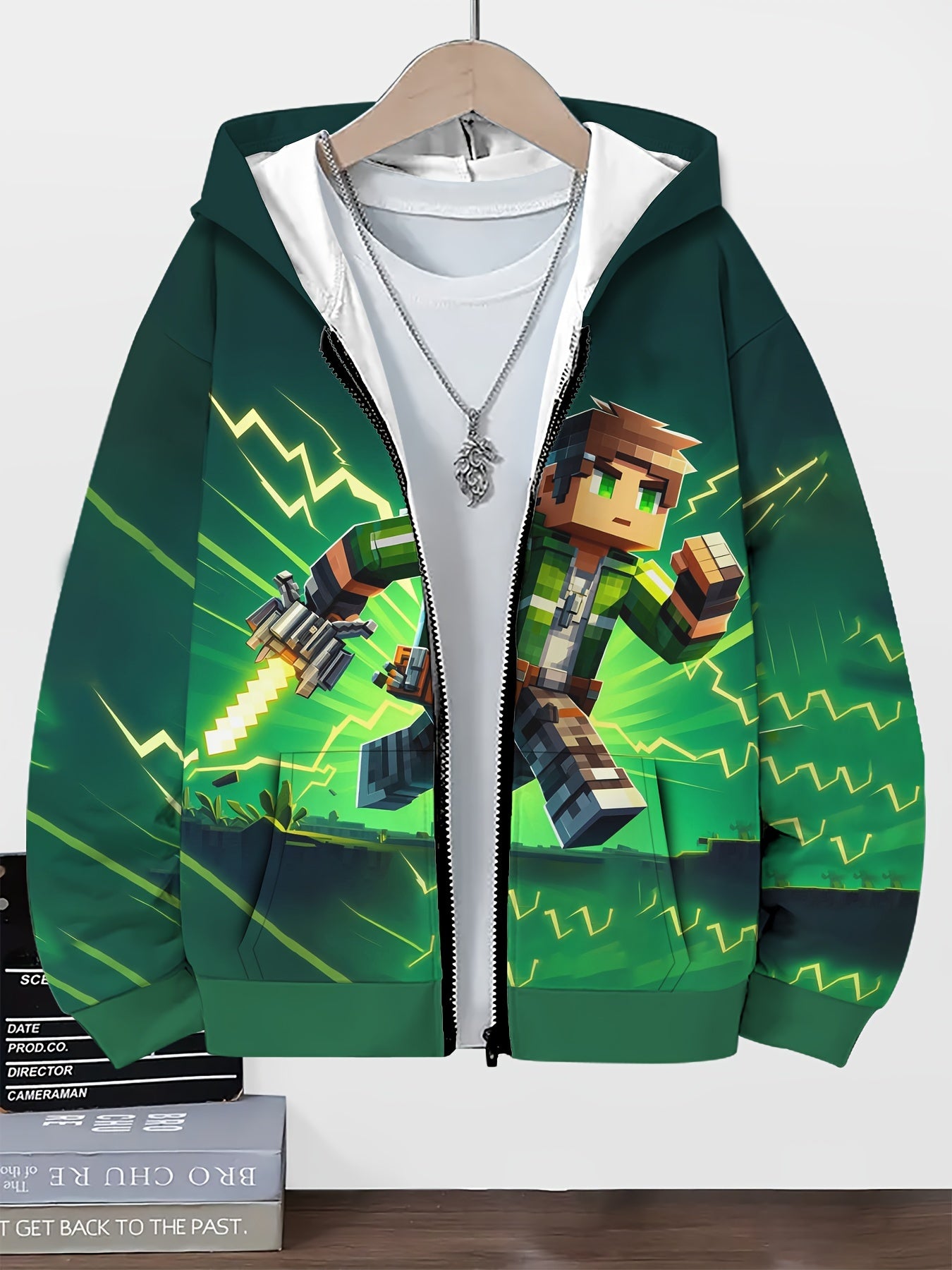 Boys' Casual Hooded Sports Suit with Geometric Block Sandbox Game Character Print - Regular Fit with Pockets