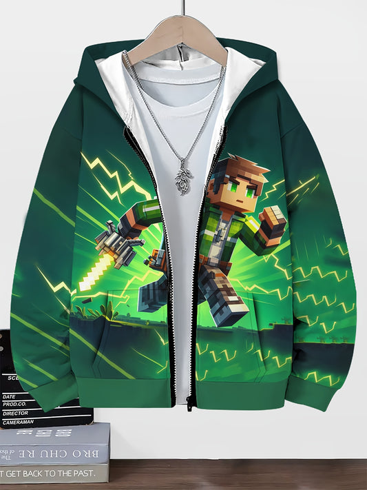 Boys' Casual Hooded Sports Suit with Geometric Block Sandbox Game Character Print - Regular Fit with Pockets