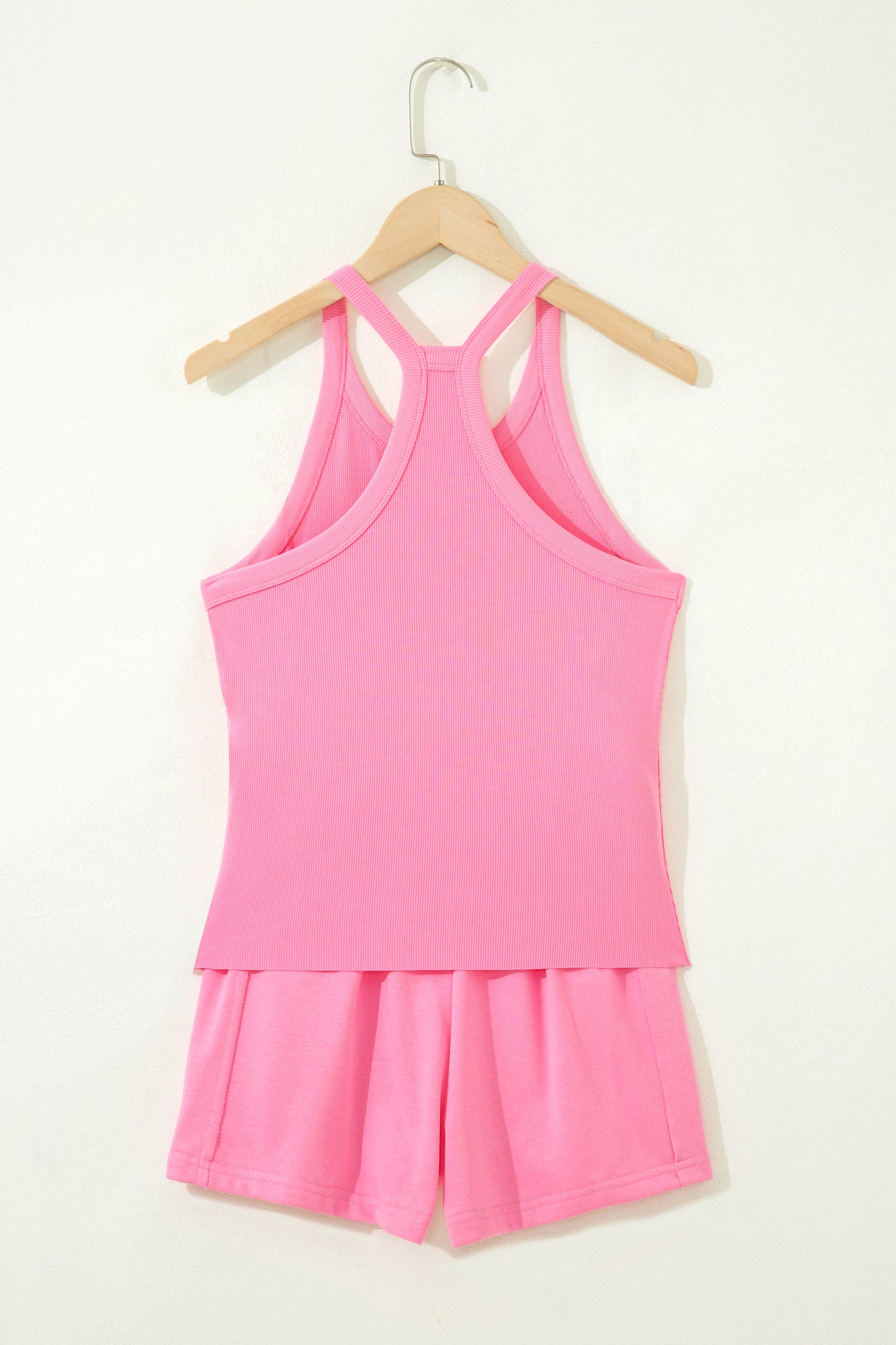 2 pcs Sachet Pink Slim Tank Top and Elastic High Waist Shorts Outfit