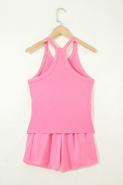 2 pcs Sachet Pink Slim Tank Top and Elastic High Waist Shorts Outfit