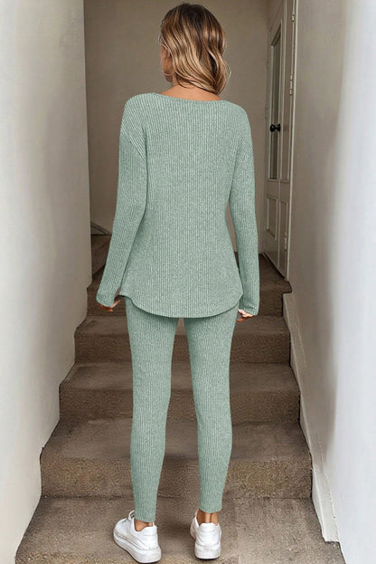 2pcs Grass Green Ribbed Notched Neck Knit Long Sleeve Leggings Lounge Set