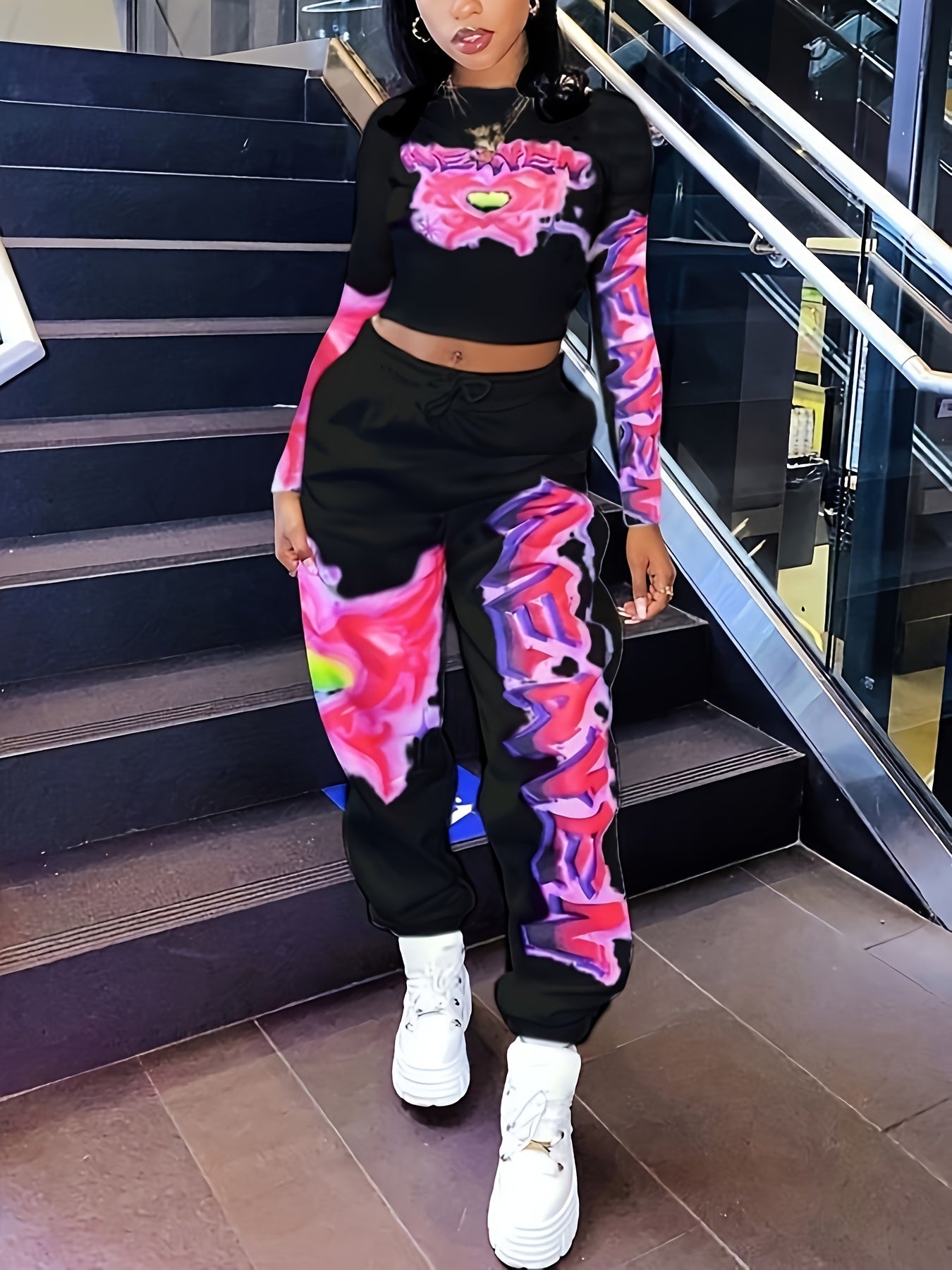 Women's Heart and Letter Print Long Sleeve Top and Waist Pants Set with Pockets