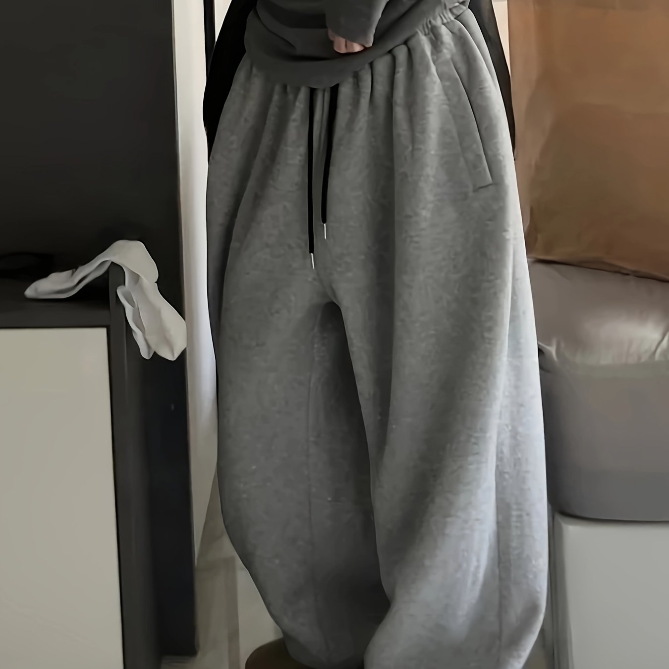 Women's Y2K High-Waisted Wide-Leg Gray Polyester Sweatpants