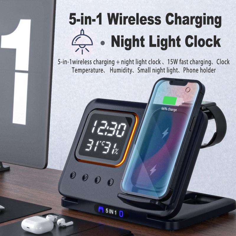 5 in 1 Fast Charging Wireless Charging Stand with LED Digital Alarm Clock