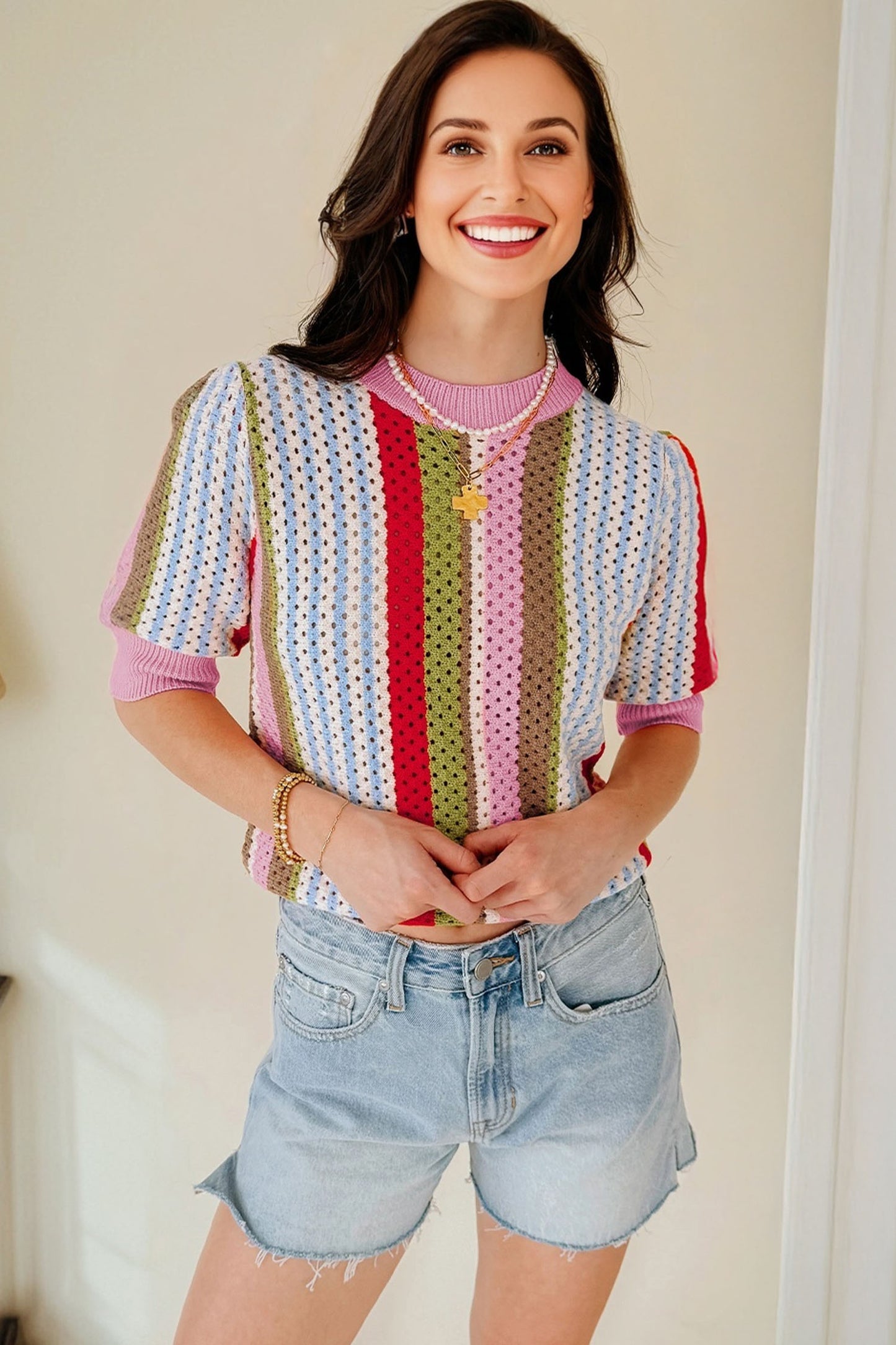 Multicolor Striped Pointelle Knit Short Sleeve Sweater