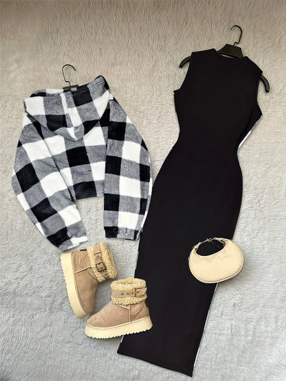 2pcs Women's Y2K Casual Fleece Hooded Long Sleeve Short Top Dress Set